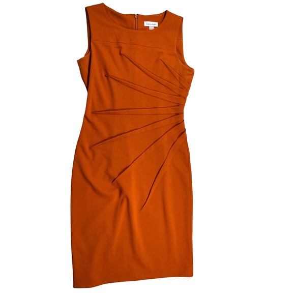 Calvin Klein Dresses & Skirts - Calvin Klein Orange Pleated Sheath Dress Womens Size 4 Sleeveless Career Midi